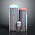 Agricultural Storage Silos With Light Blue Red Roofs And Small White Silo Structure
