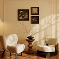 Elegant Cream Upholstered Leisure Chairs In Warm Interior With Artwork And Floor Lamp