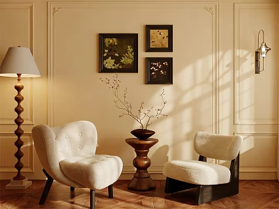 Elegant Cream Upholstered Leisure Chairs In Warm Interior With Artwork And Floor Lamp 3d model