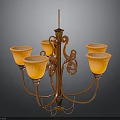 Vintage Copper Chandelier With Curved Design And Five Orange Glass Shades