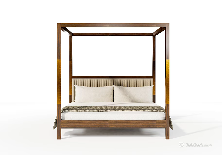 Four Poster Double Bed With Wooden Frame Striped Upholstered Headboard And White Pillows 3d model 