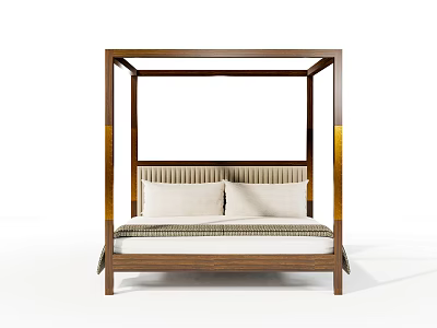 Four Poster Double Bed With Wooden Frame Striped Upholstered Headboard And White Pillows 3d model