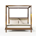 Four Poster Double Bed With Wooden Frame Striped Upholstered Headboard And White Pillows