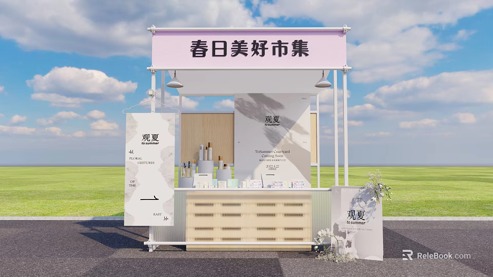 Spring Market Outdoor Liquor and Tobacco Store Booth Featuring Wooden Counter and Displayed Products 3d model 