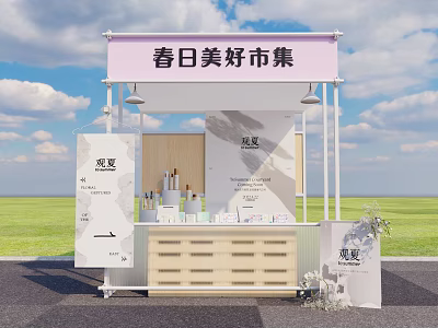 Spring Market Outdoor Liquor and Tobacco Store Booth Featuring Wooden Counter and Displayed Products 3d model