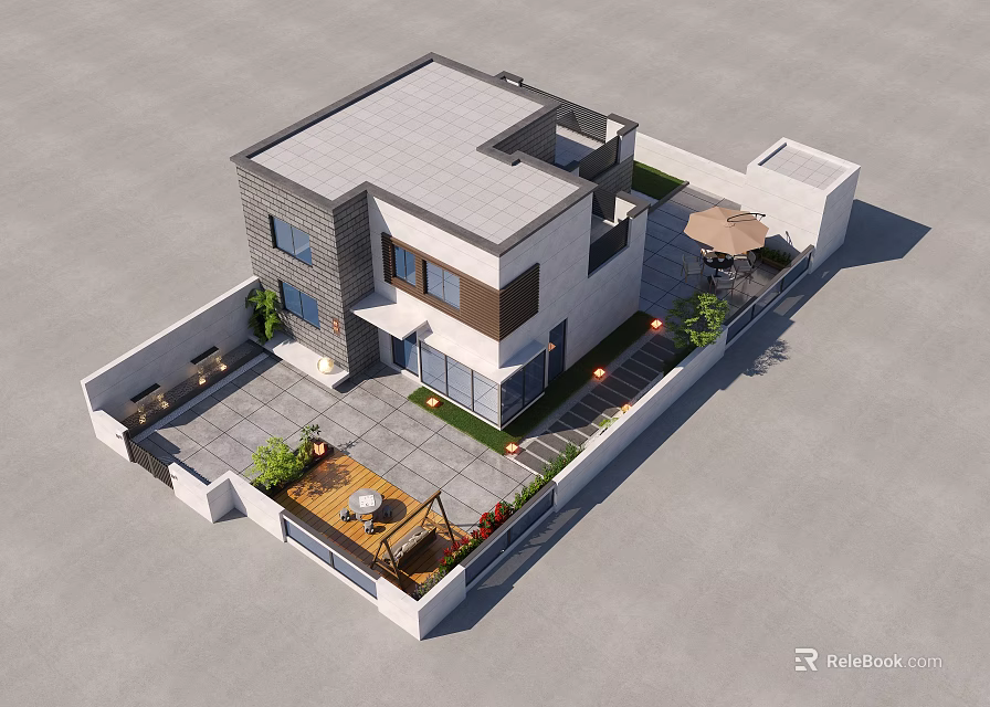 Modern Detached Villa With Courtyard Terrace Greenery Outdoor Furniture And Umbrella 3d model 