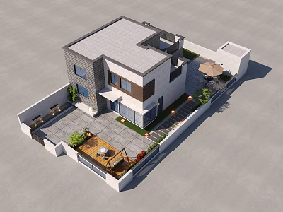 Modern Detached Villa With Courtyard Terrace Greenery Outdoor Furniture And Umbrella 3d model