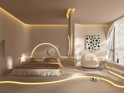 Sleek Modern Hotel Room Interior With Soft Ambient Lighting Comfortable Bed And Circular Accents 3d model