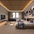 Modern Hotel Guest Room With Bamboo Ceiling Circular Wall Decor And Blue White Bedspread