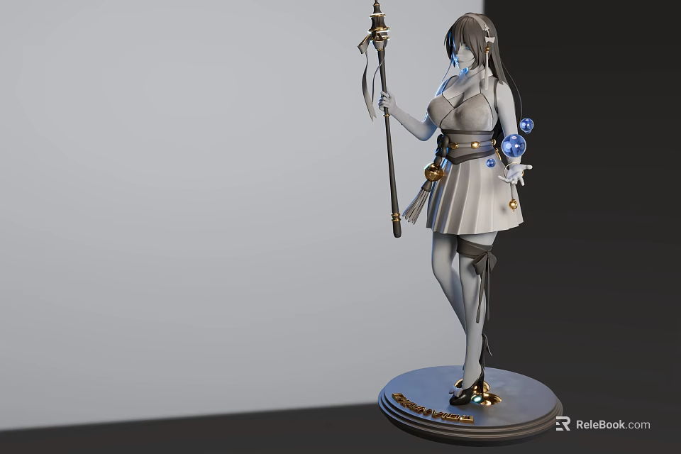 3D Female Character Model With Staff Glowing Blue Elements And Decorative Base 3d model