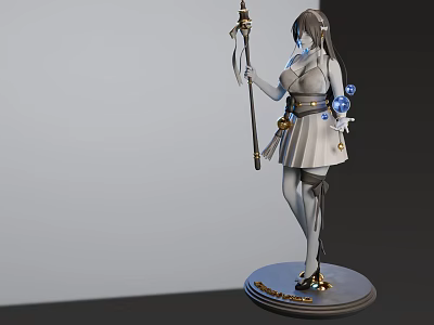 3D Female Character Model With Staff Glowing Blue Elements And Decorative Base 3d model