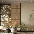 Modern Chinese Background Wall With Mountain Water Painting And Decorative Elements 3d model