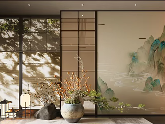 Potted New Chinese Style Potted Tea Room Background Wall Song Style Aesthetics Background Wall New Chinese Zen Background Wall Floriculture Forever Flowers 3d model