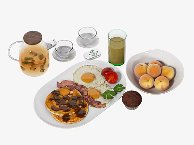 Fresh Breakfast Platter With Chocolate Pancakes Fried Eggs Bacon Peaches Green Juice And Muffin 3d model