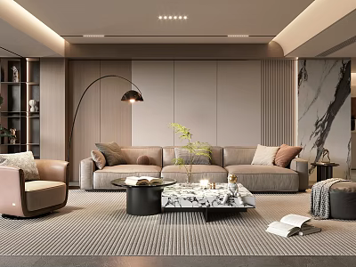 Modern Living Room Interior Design With Sofa Floor Lamp Marble Coffee Table And Bookshelf 3d model