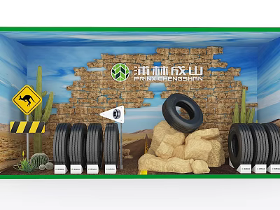 Professional Commercial Tires Equipment Display With Stones Cacti And Warning Signs 3d model