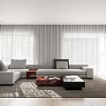 Modern Living Dining Room Interior With Grey Sofa Coffee Table And Window Curtains 3d model