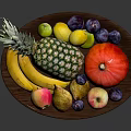 Assorted Fresh Fruits in Wooden Bowl Featuring Pineapple Bananas Apples Plums and Lemon
