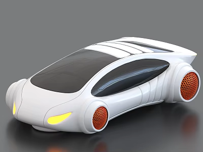 Futuristic White Concept Car With Orange Rims And Glowing Headlights 3d model