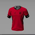 Red Sports Shirt With Black Accents And Logos On Sleeves And Chest