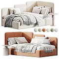Modern Kids Bed With Upholstered Headboard Pastel Colors Striped Pillows And Soft Blanket