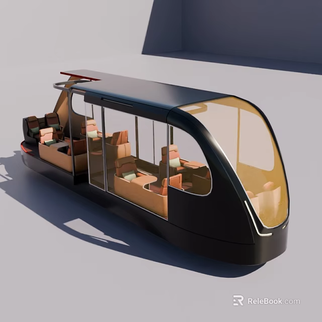Modern Streamlined Black Train Interior With Large Windows And Comfortable Seats 3d model