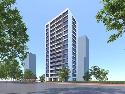 Modern High Rise Residential Building With Glass Facade And Surrounding Greenery 3d model