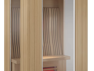 Modern Light Brown Wooden Room Divider With Striped Panels And Mirror Shelf 3d model