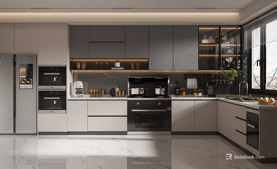 Modern Kitchen Interior Design With Gray White Cabinets Glass Door Countertop And Appliances 3d model 