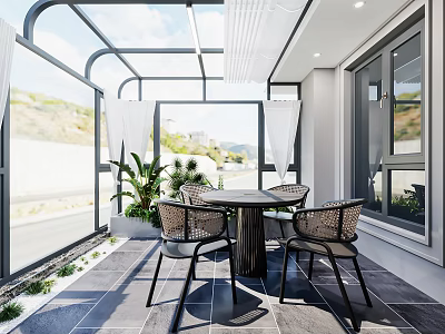 Modern Villa Balcony With Glass Roof Dining Set And Plants 3d model