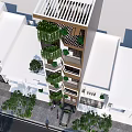 Modern Tall Building Surrounded By Low Rise White Buildings Trees Pedestrians And Cars On Street