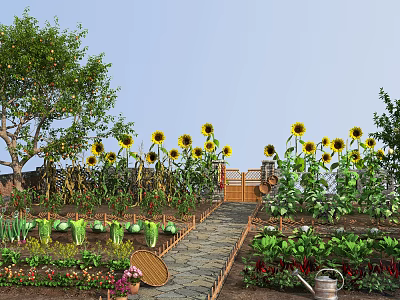 Tranquil Rural Garden Scene With Sunflowers Vegetable Beds Stone Path Wicker Basket And Watering Can 3d model