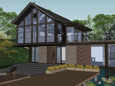 Modern Guesthouse Building With Large Glass Windows Wooden Structure Surrounding Greenery And Water Features 3d model