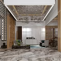 Modern Hotel Lobby Featuring Marble Floor Reception Desk Staff Decorative Lights And Large Windows