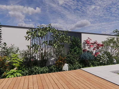 Lush Shrubs in Modern Courtyard with Wooden Deck White Wall Black Grille and Red Maple Plants 3d model