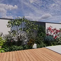 Lush Shrubs in Modern Courtyard with Wooden Deck White Wall Black Grille and Red Maple Plants