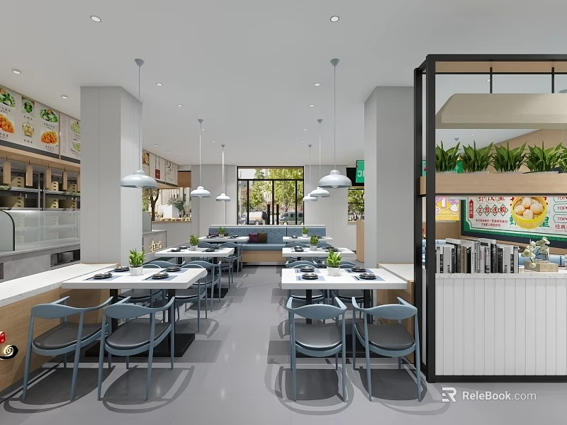 Bright Modern Restaurant With Open Layout Tables Chairs Hanging Lights Green Plants And Menu Boards 3d model 