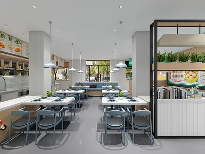 Bright Modern Restaurant With Open Layout Tables Chairs Hanging Lights Green Plants And Menu Boards 3d model