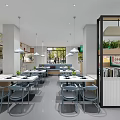 Bright Modern Restaurant With Open Layout Tables Chairs Hanging Lights Green Plants And Menu Boards