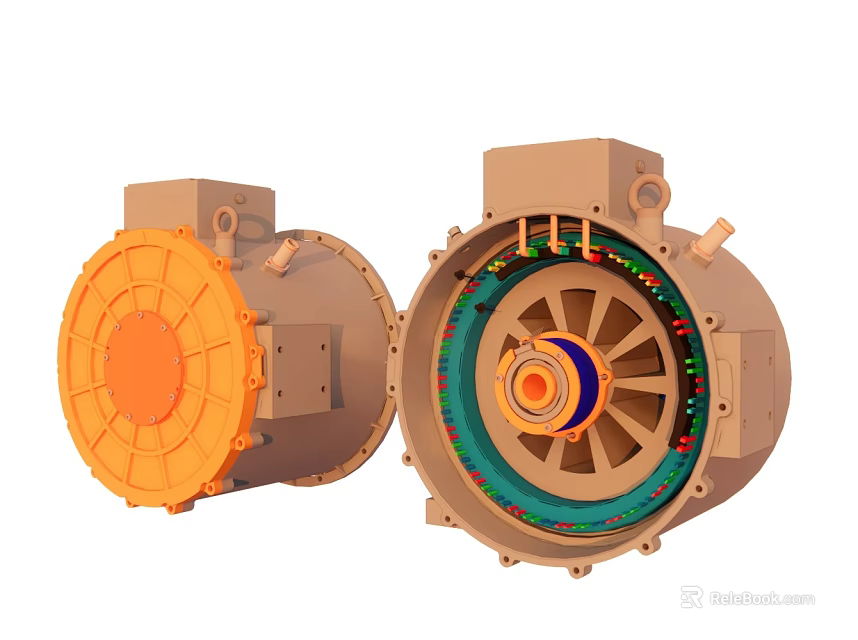 Industrial Electric Motors With Orange Casing And Internal Component Structure 3d model 