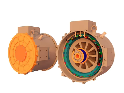 Industrial Electric Motors With Orange Casing And Internal Component Structure 3d model