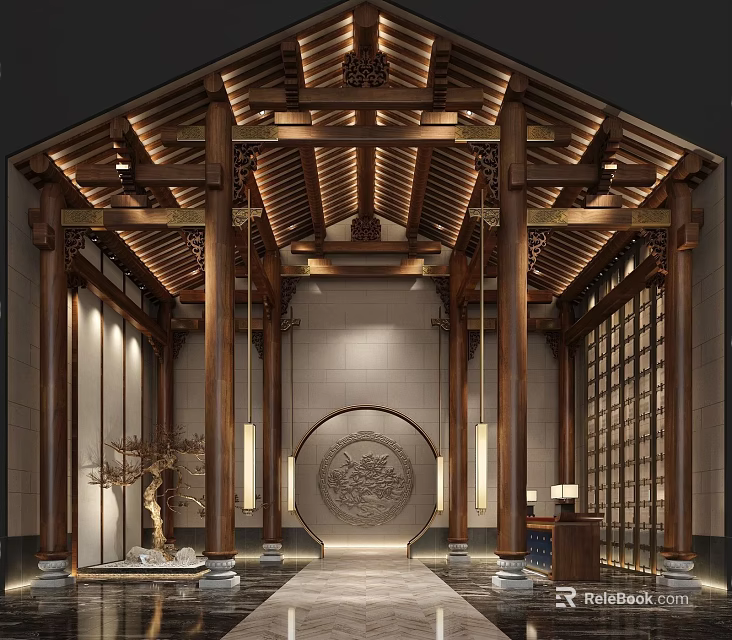 Chinese Style Hotel Lobby Featuring Wooden Beams Intricate Carvings And Circular Decorative Panel 3d model 