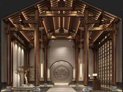 Chinese Style Hotel Lobby Featuring Wooden Beams Intricate Carvings And Circular Decorative Panel 3d model
