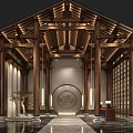 Chinese Style Hotel Lobby Featuring Wooden Beams Intricate Carvings And Circular Decorative Panel