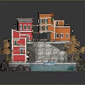 Cartoon Scene with Red and Orange Houses Stone Steps Blue Pool and Yellow Tree