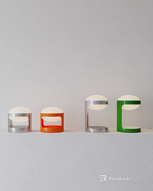 Modern Minimalist Table Lamps with Orange Green Silver Bases and Circular Dome Shades 3d model 