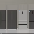 Modern Refrigerators of Different Styles Displayed Side by Side in Gray and White Colors