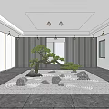 Modern Indoor Karesansui Garden With Pine Tree Stones Sand And Sliding Panels
