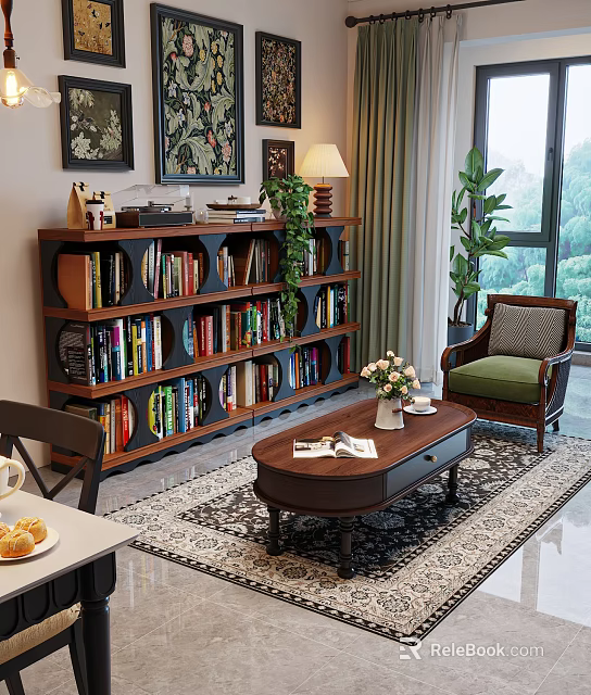 Wooden Bookshelf With Multiple Layers Filled With Books And Green Plants In Living Room 3d model 
