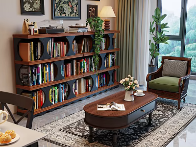 Wooden Bookshelf With Multiple Layers Filled With Books And Green Plants In Living Room 3d model